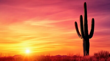 A large cactus stands in a field of grass with a beautiful sunset in the background. The scene is serene and peaceful, with the cactus serving as a symbol of resilience