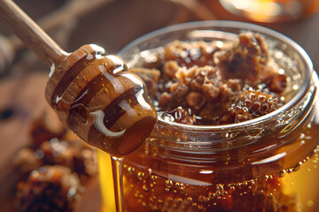Honey dipper with fresh honeycomb in jar

