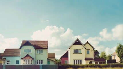 Two charming suburban houses with colorful facades under a bright blue sky, set against a backdrop of puffy white clouds and a well-maintained lawn.