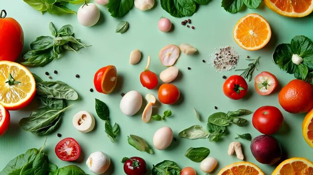 Fresh citrus composition with oranges, grapefruits, greens and vegetables appearing on green background, morphing style