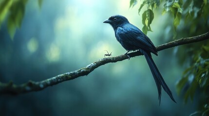 Obraz premium Black Drongo Bird Perched on a Branch