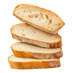 Freshly sliced bread stacked with golden crus isolated on a white background.