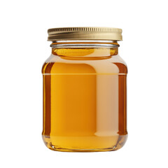 Golden honey in a glass jar with a metal lid isolated on a white background.