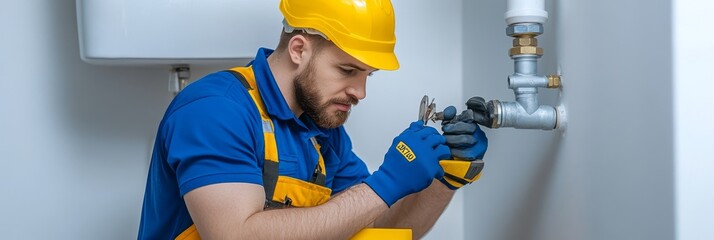 Professional Plumber Fixing Water Pipe Leak in Bathroom - A plumber in a yellow hard hat and blue overalls is working on a water pipe in a bathroom. The image represents professional plumbing services