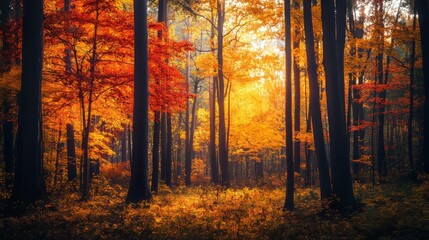 Obraz premium Autumn's vibrant embrace paints the forest in golden hues, where trees adorned in a kaleidoscope of colors create an enchanting spectacle.