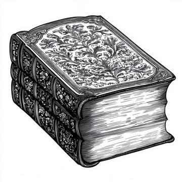 recommend clip art: Black and white Vintage engraved art of a classic book with decorative cover, isolated on white background, ink sketch illustration, simple vector art design, highly detailed line art