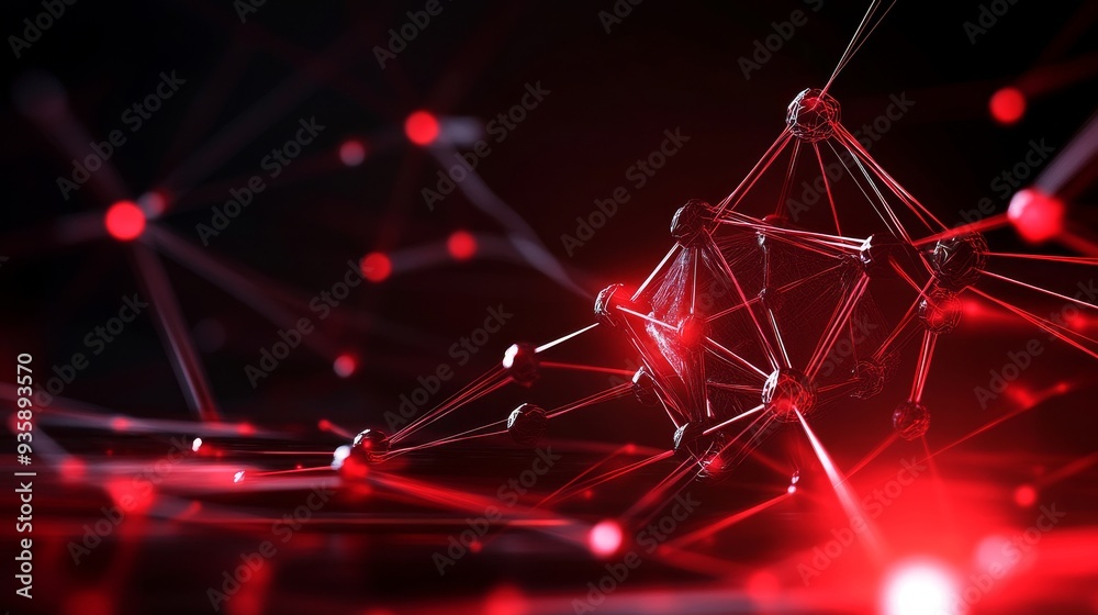 Poster red abstract network connection - technology background - a network of glowing red lines and spheres
