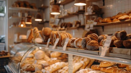 A bustling bakery with a plethora of freshly baked goods displayed on wooden shelves and in glass cases, ready to delight customers.