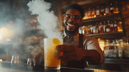 bartender with a confident smile adding a smoky touch to a lemonade cocktail, the stylish bar’s ambient lighting highlighting the rising smoke