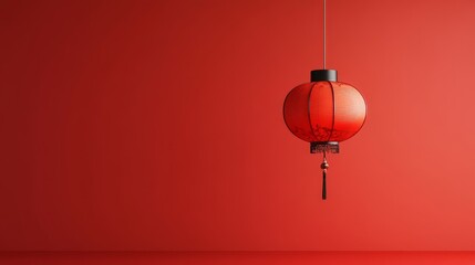 Obraz premium Red Chinese Lantern Hanging Against a Red Wall - A single red Chinese lantern hangs from the ceiling against a vibrant red background, symbolizing tradition, celebration, good fortune, and the joy of 