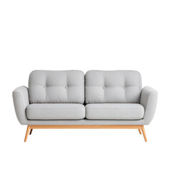 Naklejka premium Modern gray sofa with wooden legs isolated on a white background.