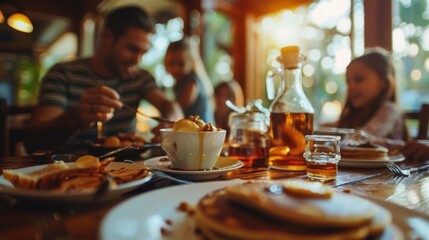 Naklejka premium Morning Breakfast: The family sits around the breakfast table, savoring the smell of fresh coffee and pancakes, with the youngest excitedly reaching for the syrup. 