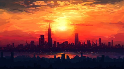 Cityscape Silhouette at Sunset with Orange and Red Sky