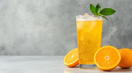 Refreshing Orange Soda with Ice and Mint Garnish - A tall glass of bubbly orange soda with ice cubes and a sprig of mint, accompanied by fresh orange slices on a gray background, symbolizing refreshme