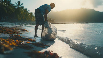 A person picking up litter on a beach,