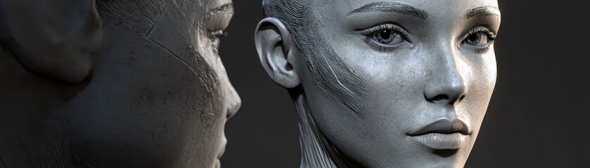 Naklejka premium Close-up digital sculpture of a futuristic androgynous face in gray tones, highlighting intricate details and texture in a dark background.