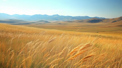 Obraz premium Kazakhstan steppe landscape in autumn. Parched grasses sway in the wind against a backdrop of distant mountains.