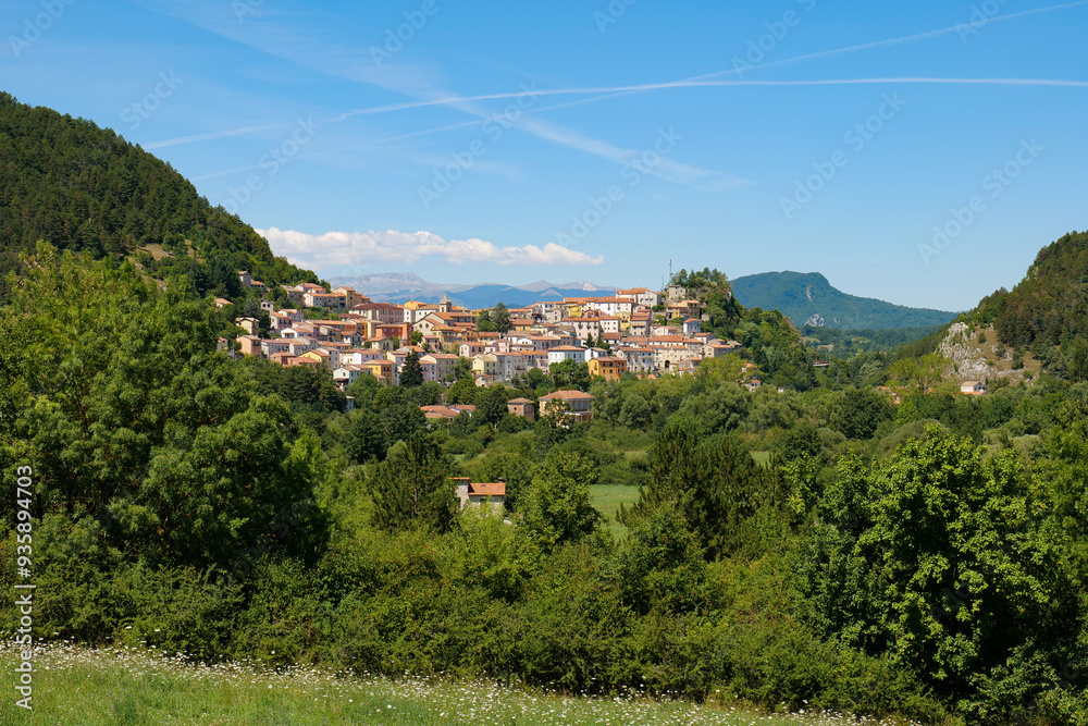 Poster the landscape of carovilli, a village in molise in italy.