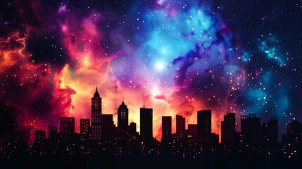 Fototapeta premium Silhouetted Cityscape Against a Cosmic Night Sky