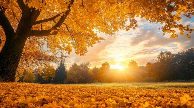Peaceful autumn scene showcasing the beauty of nature as yellow leaves gently descend from vibrant trees under a mesmerizing sunset sky.
