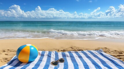 Obraz premium A beach scene with a striped towel, waves, and sunglasses captures a perfect summer day.