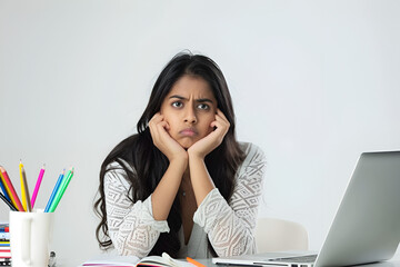 Frustrated student studying with laptop and books

