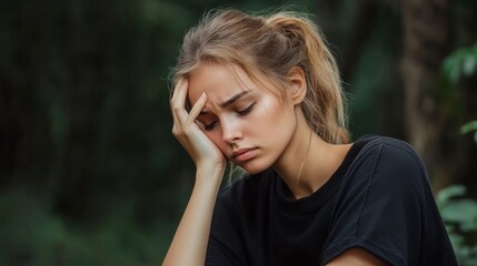 Naklejka premium Sad Woman Sitting in Forest - A young woman sits with her head in her hands in a forest. She is sad and alone, symbolizing loneliness, depression, contemplation, despair, and emotional distress.