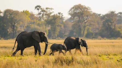 Fototapeta premium Elephant Family Walking Through Grassland