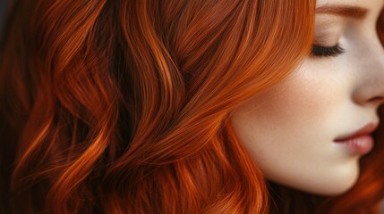 A woman with flowing red hair is captured in profile, showcasing the rich color and texture as gentle light enhances her features.