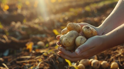 Hands holding freshly harvested potatoes in a sunlit field, capturing the simple yet rewarding act of harvesting.