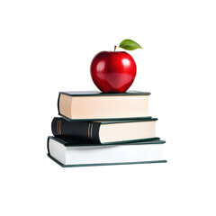 Stack of books with a red apple isolated on a transparent or white background.