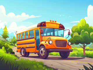 Cartoon style illustration of a vibrant yellow school bus travels down a scenic countryside road surrounded by lush greenery and clear blue skies, evoking a sense of adventure and learning.