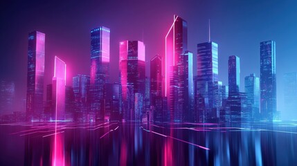 Fototapeta premium Futuristic cityscape with glowing neon lights and high-rise skyscrapers, reflecting in a calm body of water under a dark night sky.