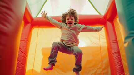 A joyous child jumps energetically inside a brightly colored inflatable bouncy castle, expressing pure happiness and carefree exuberance.