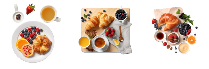 Breakfast in plates and on a tray. Isolated on transparent background