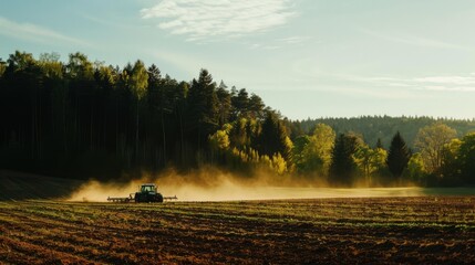 Fototapeta premium A tractor plows through a misty field at dawn, the sunlight casting a golden hue on the landscape, capturing the serenity of early morning farming.
