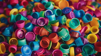 A pile of assorted colorful plastic bottle caps creating a vibrant and playful visual texture, highlighting recycling and environmental themes.