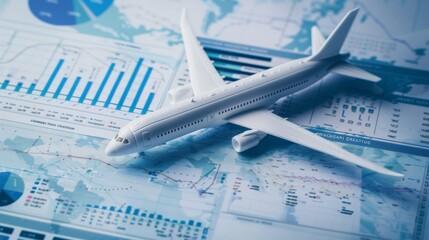 A toy airplane delicately placed on financial charts, symbolizing the global impact of the aviation industry.