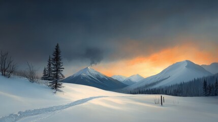 Obraz premium Snowy Mountain Landscape at Sunset with a Single Tree - A picturesque scene of a snowy mountain range bathed in the warm glow of a setting sun. A lone tree stands proudly in the foreground, adding a t