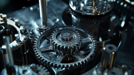 A close-up of intricately designed mechanical gears meshing together, emphasizing engineering precision and complexity.