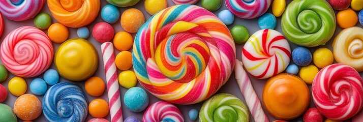 A bright selection of swirled lollipops and multi-colored candies laid out in a vibrant, cheerful spread.