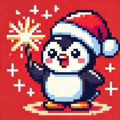 Fototapeta premium New Year penguin on a plain bright background in pixel art style.