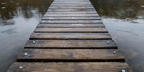 Fototapeta premium A wooden pier extends over calm and reflective water, capturing a peaceful and quiet setting, ideal for relaxation or contemplation.