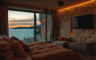 A modern hotel room with stone walls, large windows overlooking the sea at sunset, a sofa and TV in front of it. Created with AI
