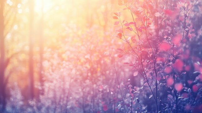 Magical forest scene with vibrant, dreamy colors and soft sunlight filtering through the trees, creating an enchanting atmosphere.
