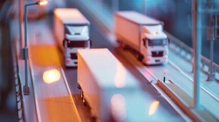 Miniature trucks navigate a high-tech, well-lit highway model, representing an efficient and futuristic urban transportation plan.
