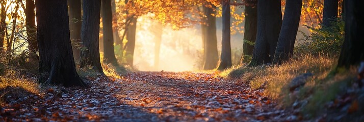 A picturesque path covered in fallen leaves meanders through a vibrant autumn forest, illuminated by the bright morning light.