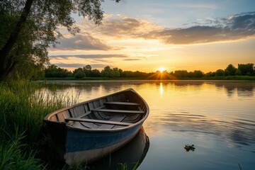 Obraz premium A tranquil scene of an empty boat resting on the calm lake water during a breathtaking sunset, surrounded by nature.