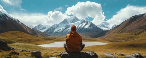 Person in an orange jacket seated on a rock, facing snow-capped mountains and a lake under a bright sky, enjoying nature's tranquility.