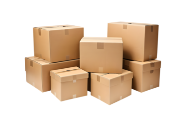 Stacked cardboard boxes isolated on a transparent or white background.